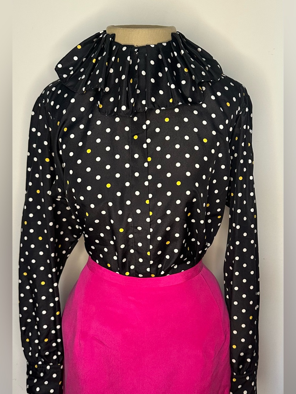 Evan Picone Vintage Black Polka Dot Ruffle Neck Blouse with White & Yellow Dots
